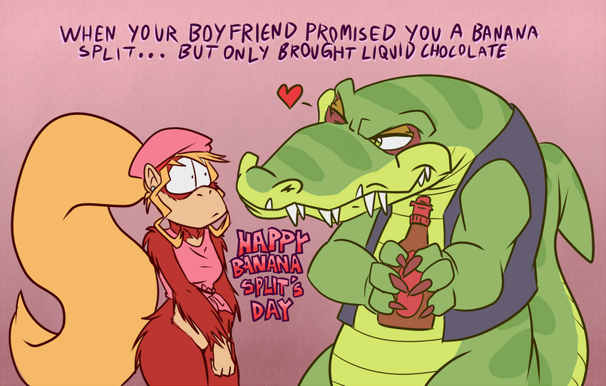 anthro candy chocolate chocolate_sauce dessert duo female food heart_symbol holidays male male/female text shesamonkey diddy_kong_racing donkey_kong_(series) nintendo valentine's_day dixie_kong krunch_the_kremling alligator alligatorid barbary_macaque crocodile crocodilian haplorhine kong kremling mammal monkey primate reptile scalie english_text