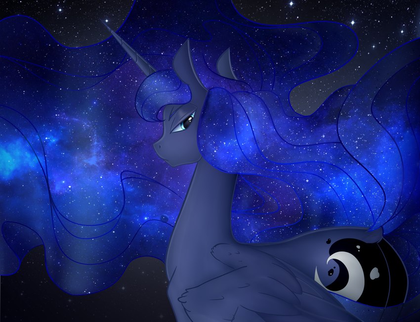 cosmic_hair ethereal_hair female feral looking_at_viewer night solo star guinefort heavenless friendship_is_magic hasbro my_little_pony princess_luna_(mlp) equid equine horse mammal pony hi_res