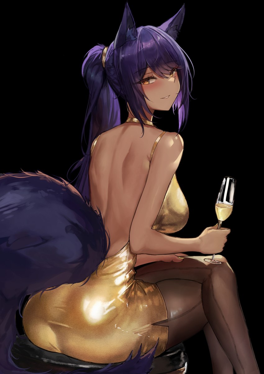 alcohol animal_ears animal_tail backless_clothing backless_dress backless_topwear bare_back beverage big_breasts blush blushing_at_viewer breasts butt canine_ears canine_tail champagne champagne_glass clothing container cup dark_body dark_skin drinking_glass female furniture glass glass_container glass_cup hair hosiery legwear pantyhose purple_hair seam_(sewing) smile smiling_at_viewer stool tight_clothing yellow_eyes vloodozer nour_anara animal_humanoid canid canine canis humanoid jackal mammal absurd_res alpha_channel hi_res