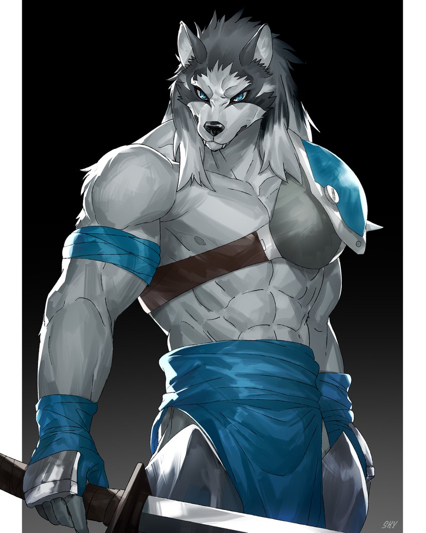 abs anthro biceps blue_clothing blue_eyes clothed clothing fingers fur hair holding_melee_weapon holding_object holding_sword holding_weapon looking_at_viewer male mane mane_hair melee_weapon multicolored_body multicolored_fur pecs shoulder_guard solo sword weapon white_body white_fur sky_gomi feda:_the_emblem_of_justice ain_macdougal canid canine canis mammal wolf 2024 4:5 hi_res