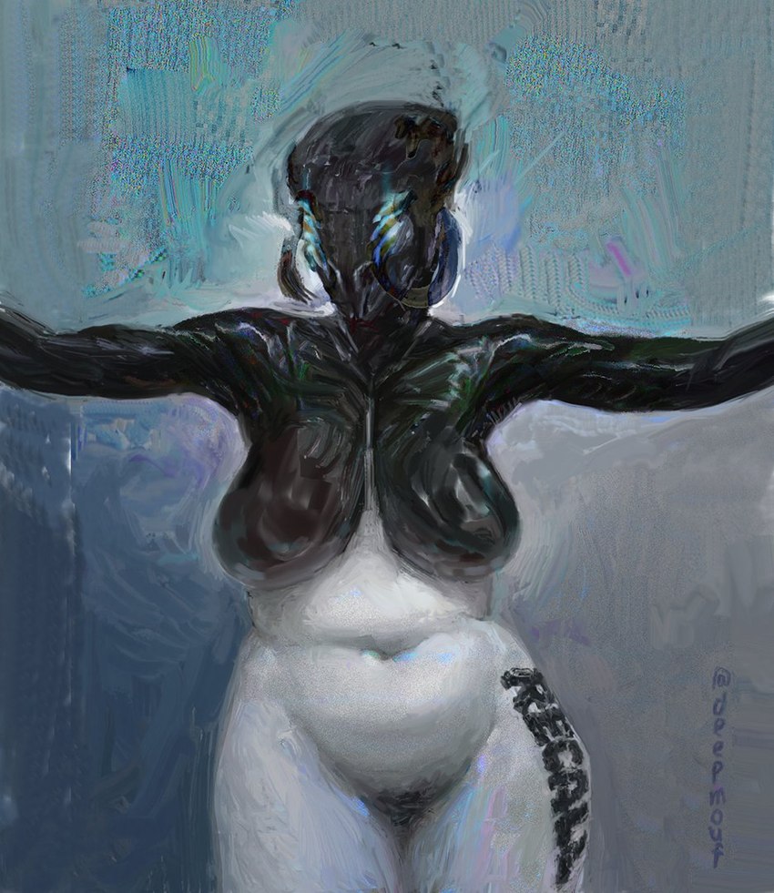 belly_overhang black_body black_skin breasts clothed clothing female horn looking_at_viewer multicolored_body navel not_furry nude solo text text_on_body thick_thighs topless two_tone_body white_body wide_hips deepmouf unknown_species