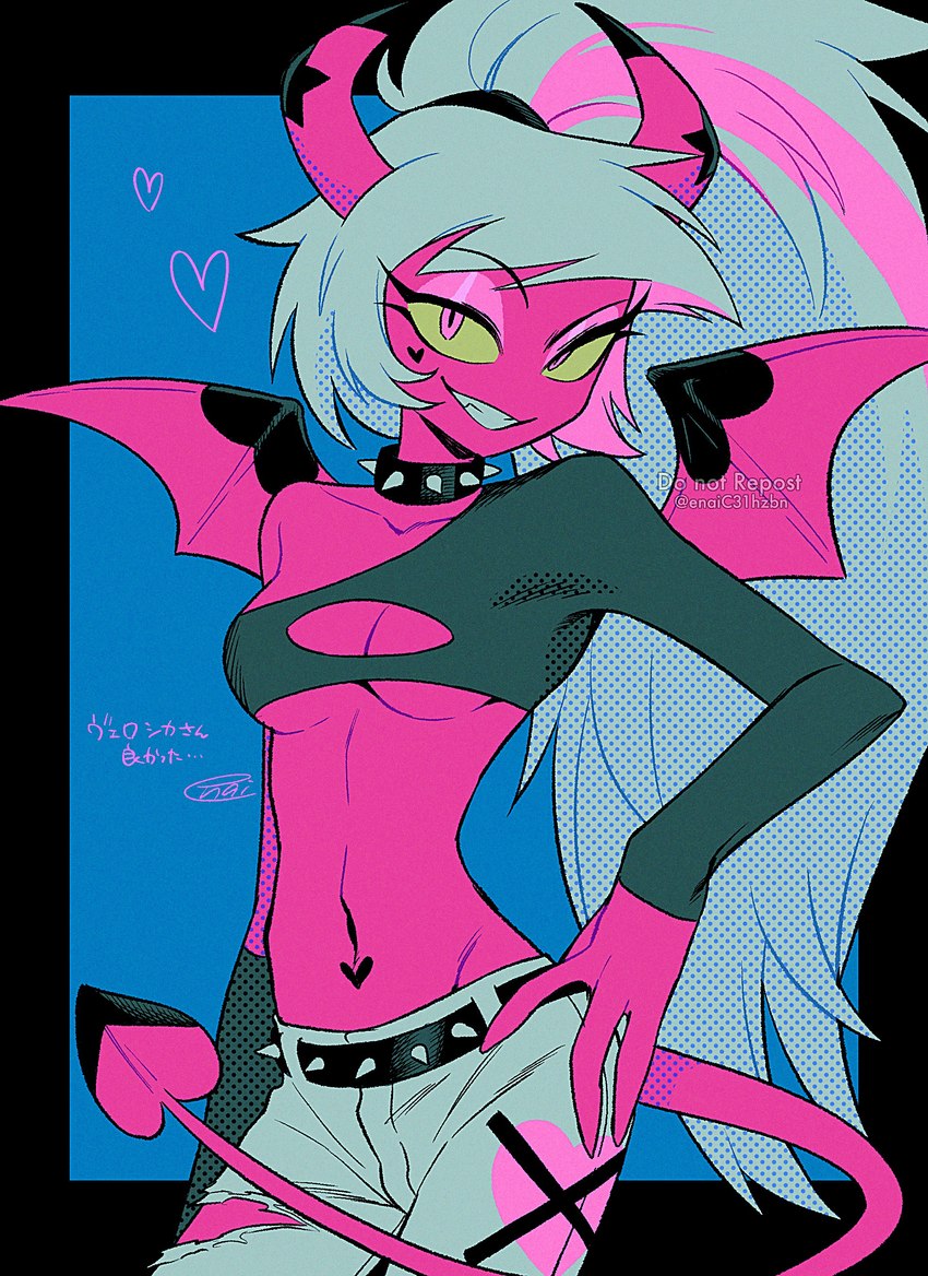 cleavage_cutout clothed clothing cutout do_not_distribute female fingers not_furry smile solo spade_tail tail text enaic31 helluva_boss verosika_mayday demon demon_humanoid humanoid succubus 2024 absurd_res digital_media_(artwork) hi_res japanese_text translation_request