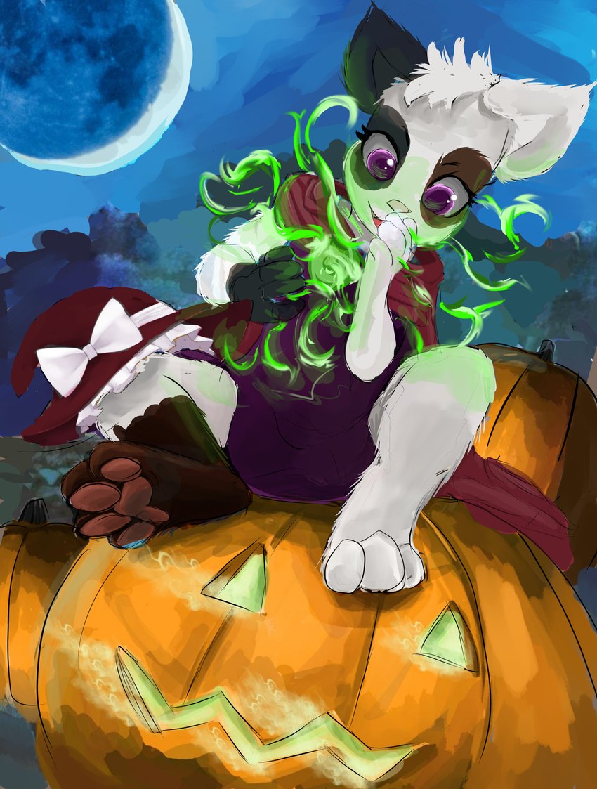 4_fingers 4_toes anthro bent_legs black_body black_fur blue_sky cape clothing dress eyelashes fangs feet female fingers food fruit fur hair hat headgear headwear jack-o'-lantern magic magic_user moon multicolored_body multicolored_fur night open_mouth open_smile outside pawpads pink_nose pink_pawpads plant pumpkin purple_clothing purple_dress purple_eyes red_cape red_clothing red_hat red_headwear red_tongue short_hair shrub sitting_on_jack-o'-lantern sky smile solo teeth thin_eyebrows toes tongue two_tone_body two_tone_fur white_body white_bow white_fur white_hair witch witch_hat mythrava domestic_cat felid feline felis mammal 2020 absurd_res colored digital_media_(artwork) digital_painting_(artwork) hi_res shaded