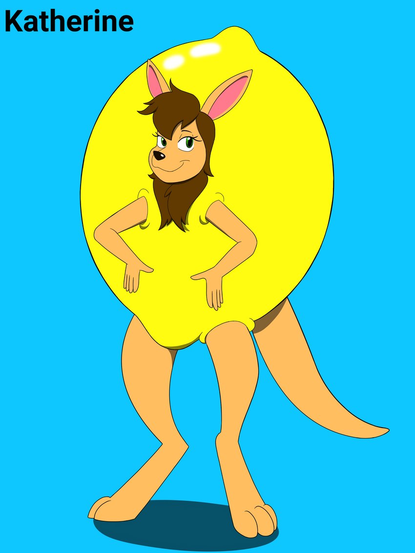 anthro clothing costume female food food_costume fruit grilled lemon lemon_costume looking_at_viewer plant simple_background solo standing penmark25! katherine kangaroo macropod mammal marsupial 3:4 absurd_res hi_res