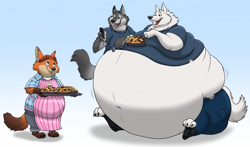 anthro apron belly big_belly bottomwear cellphone clothed clothing dessert electronics eye_contact fangs food fur group holding_fork holding_object holding_tray huge_belly hyper hyper_belly looking_at_another male morbidly_obese morbidly_obese_anthro morbidly_obese_male navel obese obese_anthro obese_male open_mouth overweight overweight_anthro overweight_male pants pastry phone pie red_body red_fur shirt sitting standing tearing_clothing teeth tongue topwear torn_clothing white_body white_fur hectorthewolf disney zootopia gary_(zootopia) gideon_grey larry_(zootopia) canid canine canis fox mammal red_fox true_fox wolf 2016