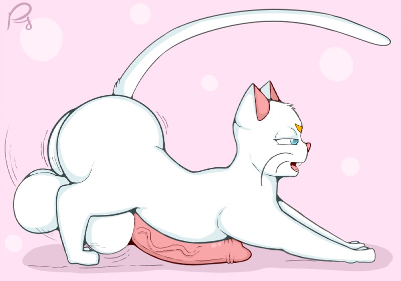 animal_genitalia balls big_balls big_butt big_penis blue_eyes border butt erection feral genitals huge_balls male open_mouth penis pink_border side_view simple_background solo vein pfh sailor_moon_(series) artemis_(sailor_moon) domestic_cat felid feline felis mammal