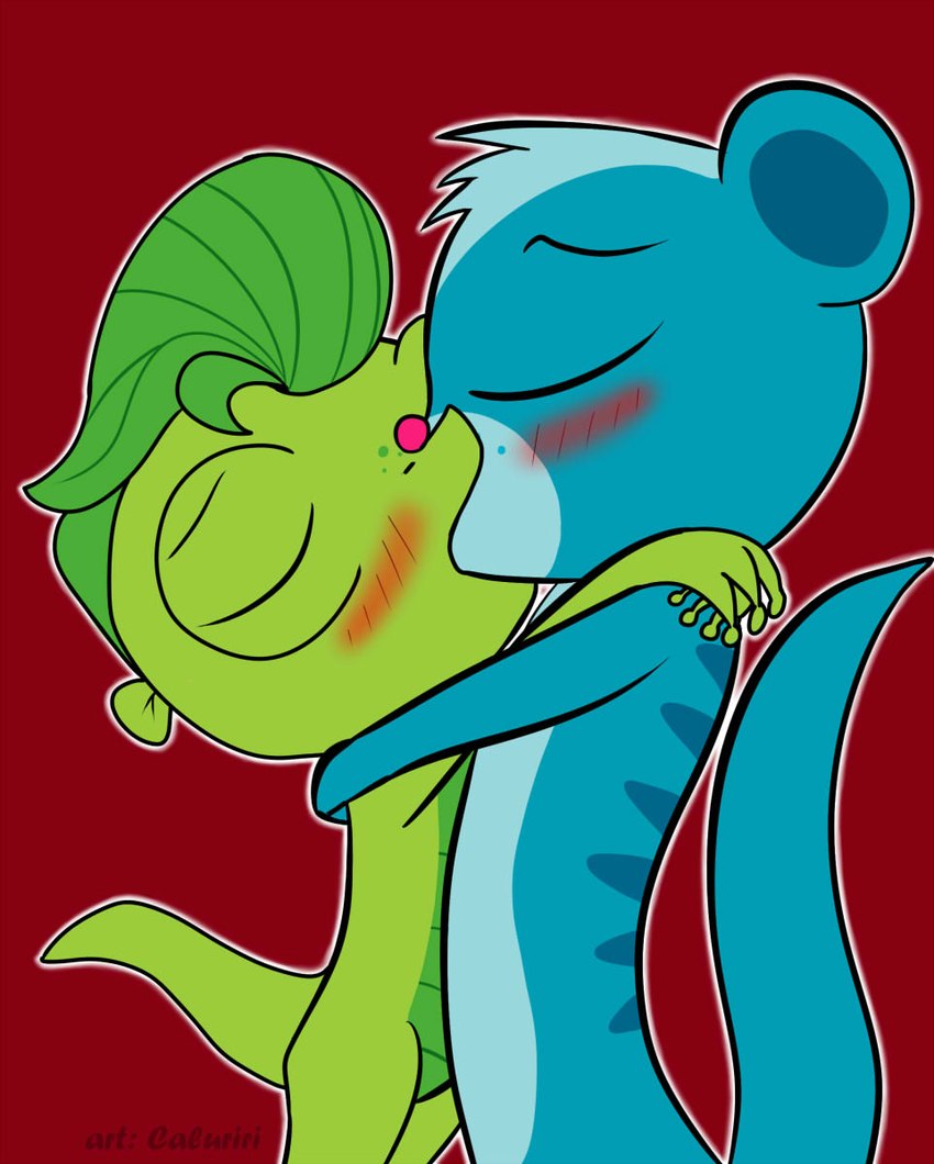 blue_body blue_fur blue_tail blush duo eyes_closed fur green_body green_hair green_skin green_tail hair hug interspecies kiss_on_lips kissing male male/male pink_nose red_background semi-anthro simple_background tail caluriri hasbro littlest_pet_shop littlest_pet_shop_(2012) sunil_nevla vinnie_terrio gecko herpestid lizard mammal mongoose reptile scalie 2014 artist_name digital_drawing_(artwork) digital_media_(artwork) hi_res