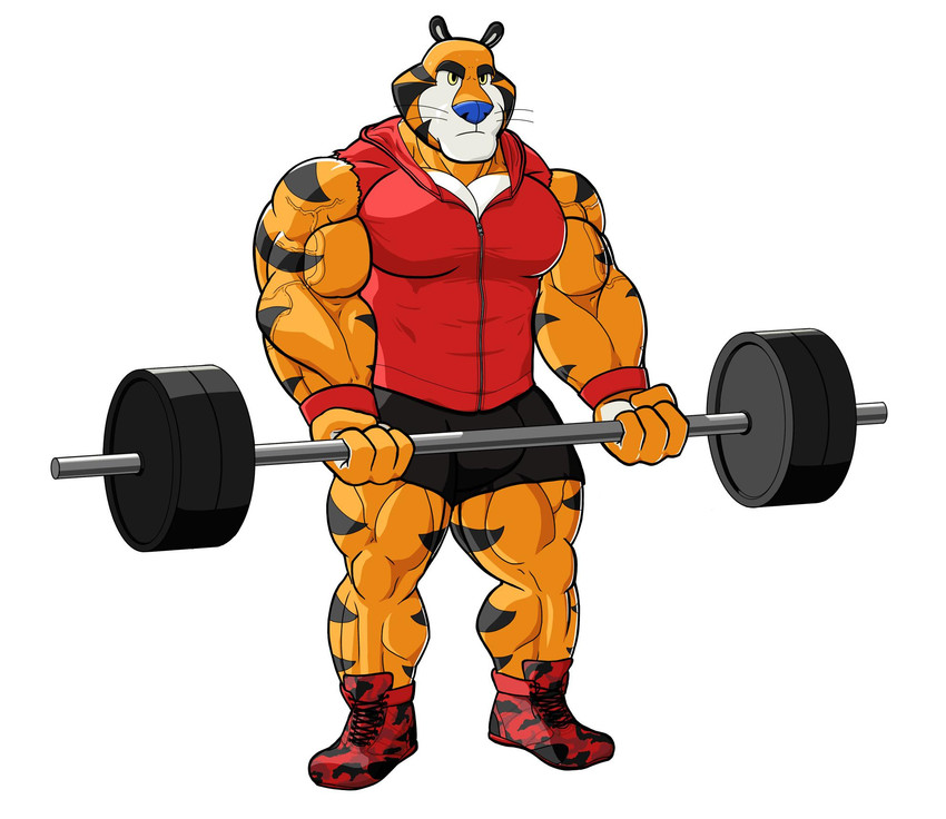 anthro barbell biceps big_muscles bottomwear clothing countershading exercise footwear hoodie huge_muscles male mascot muscular muscular_anthro muscular_male pecs quads shoes shorts simple_background sleeveless_hoodie solo standing topwear vein veiny_muscles weightlifting white_background workout nanbuskhan frosted_flakes kellogg's tony_the_tiger felid mammal pantherine tiger 2019 hi_res