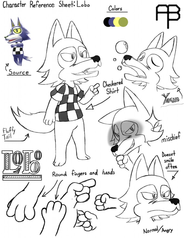 anthro clothed clothing long_ears male open_mouth shirt simple_background solo text topwear white_background abtp animal_crossing nintendo lobo_(animal_crossing) canid canine canis mammal wolf absurd_res english_text hi_res model_sheet