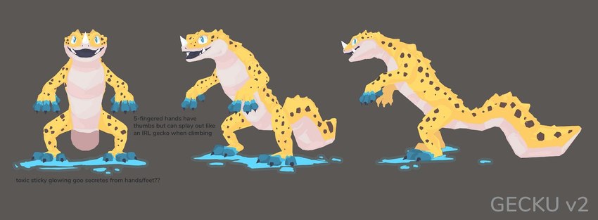 ambiguous_gender claws horn multiple_angles on_hind_legs open_mouth semi-anthro solo tail text thick_tail xvalociraptor little_kitty_big_city gecku_(lkbc) eublepharid gecko goo_creature leopard_gecko lizard reptile scalie concept_art english_text hi_res official_art