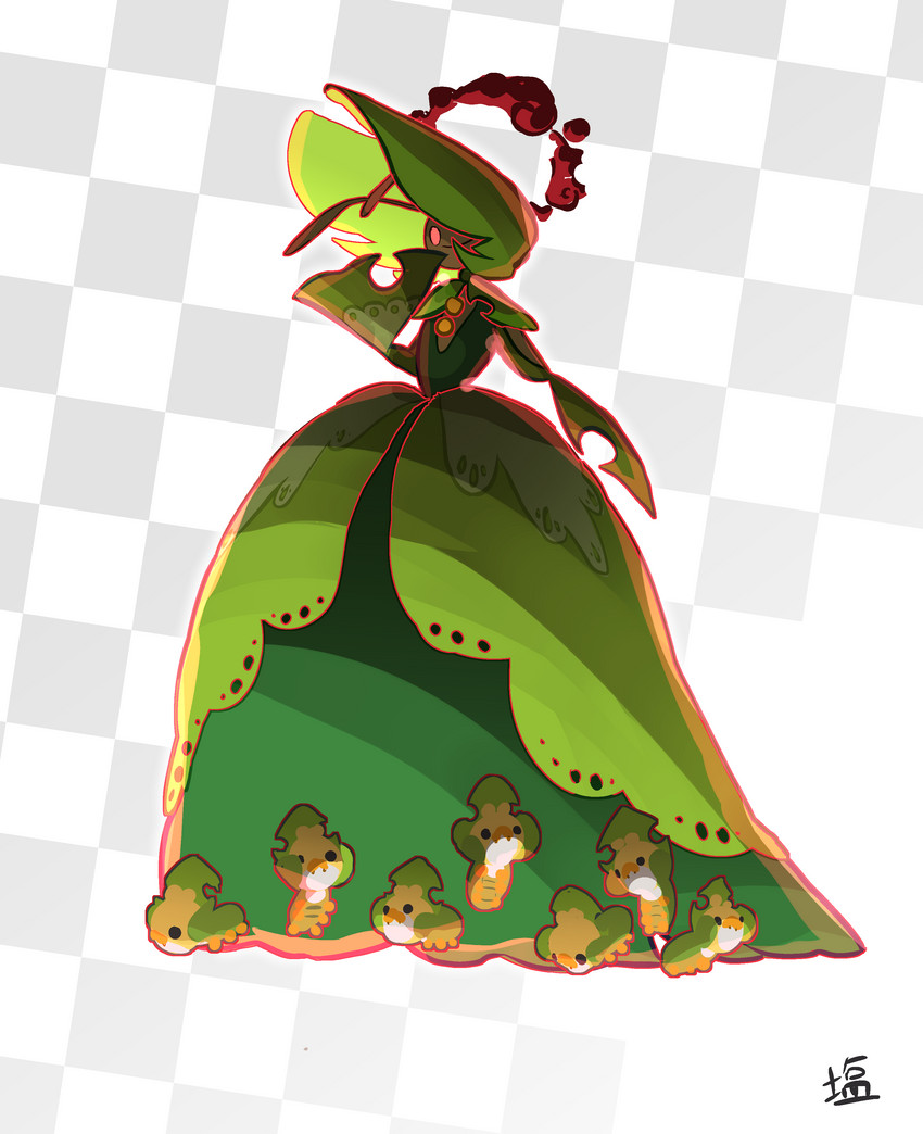 ambiguous_gender anthro ball_gown clothing dress female feral group larva looking_at_viewer plant red_eyes shio_nagasu fakemon nintendo pokemon arthropod generation_5_pokemon gigantamax_pokemon insect leavanny pokemon_(species) sewaddle absurd_res hi_res