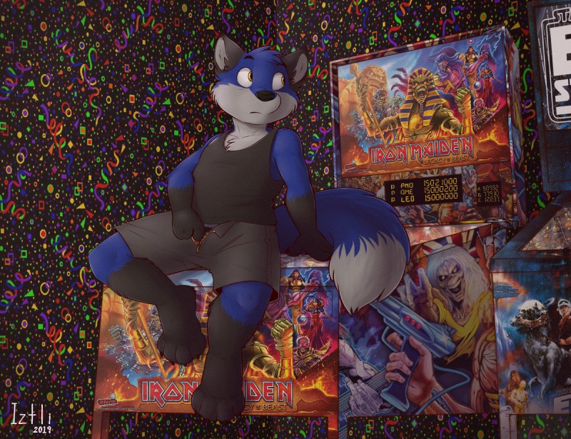 anthro arcade black_body black_fur blue_body blue_fur claws clothing fur male pinball pinball_machine shirt solo tank_top topwear white_body white_fur young young_anthro zipper iztli iron_maiden_(band) canid canine fox mammal 2019 hi_res