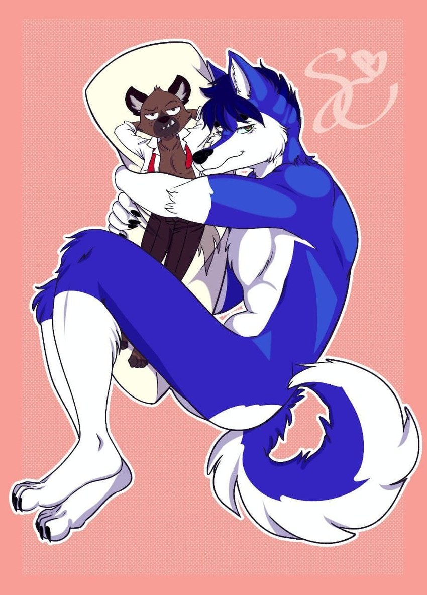 anthro blue_body blue_fur countershade_tail countershading cuddling curl dakimakura fur gloves_(marking) hug leg_markings male markings socks_(marking) solo tail white_body white_countershading spicy_cinna aggretsuko sanrio haida_(aggretsuko) kobi_(kobiblue182) canid canine canis domestic_dog husky mammal nordic_sled_dog spitz dakimakura_design hi_res