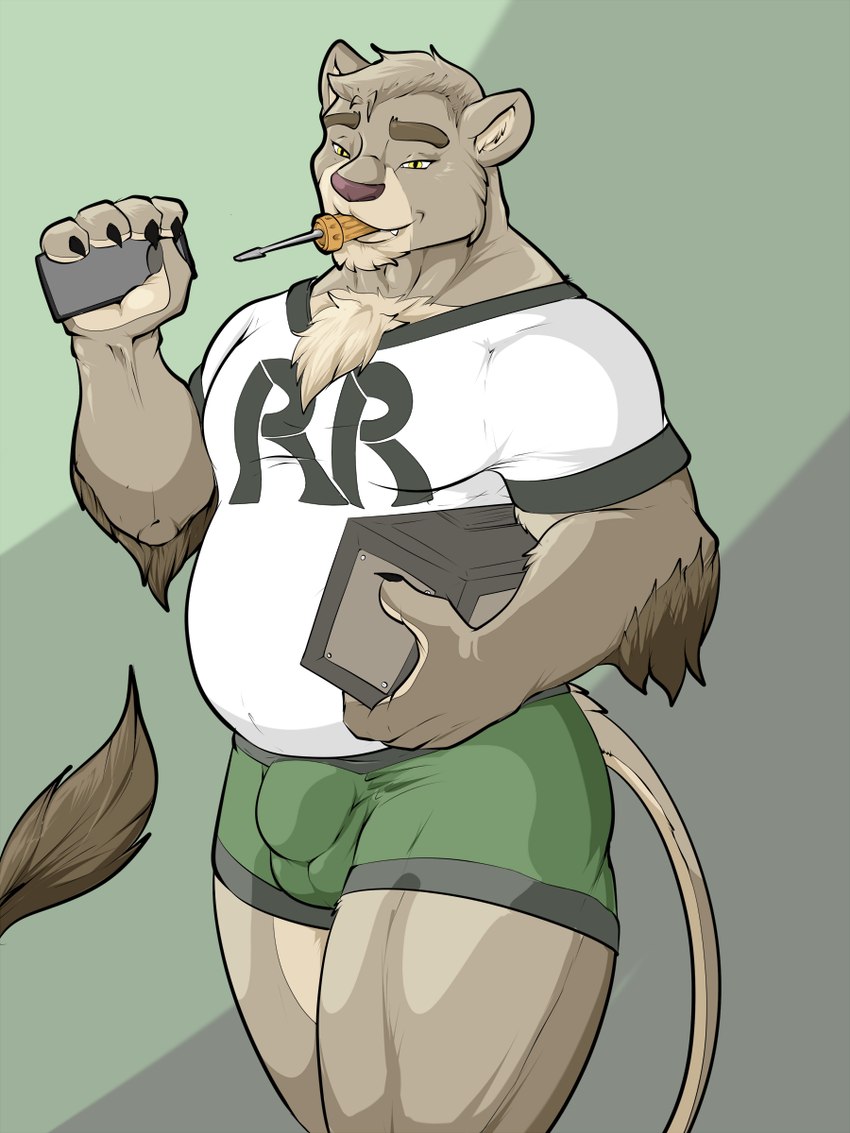 anthro bottomwear bulge chest_tuft claws clothing detailed_bulge green_background green_bottomwear green_clothing holding_object male screwdriver shirt simple_background solo t-shirt tail text text_on_clothing text_on_topwear tool_in_mouth tools topwear tuft pandottermon felid lion mammal pantherine 3:4 hi_res