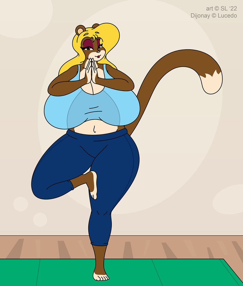 anthro big_breasts blonde_hair bottomwear breasts brown_eyes clothing copyright_symbol curvy_figure eyeshadow female fur hair huge_breasts makeup multicolored_body multicolored_fur navel pants solo symbol thick_thighs topwear tree_pose two_tone_body two_tone_fur voluptuous wide_hips yoga yoga_mat yoga_pants satsumalord dijonay_kenya felid lion mammal pantherine 2022 digital_media_(artwork) hi_res