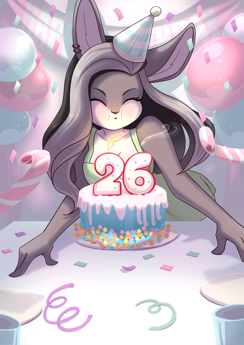 anthro birthday cake clothing dessert dress ear_piercing ear_ring female food fur grey_body grey_fur hair multicolored_hair party piercing ring_piercing cyndybell jessica_reiki lagomorph leporid mammal rabbit absurd_res hi_res