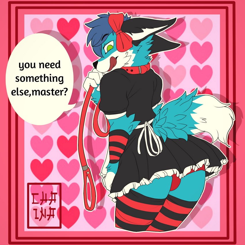 5_fingers anthro black_ears black_nose blue_body blue_fur blue_hair clothing collar femboy fingers fur green_eyes hair heart_symbol leash legwear looking_back maid_uniform male multicolored_clothing multicolored_legwear multicolored_stockings pose red_collar ribbons simple_background solo speech_bubble stockings text thigh_highs two_tone_clothing two_tone_legwear two_tone_stockings underwear uniform white_fingers chaina seth_emerald canid canine fennec_fox fox mammal true_fox 1:1 2020 english_text hi_res signature