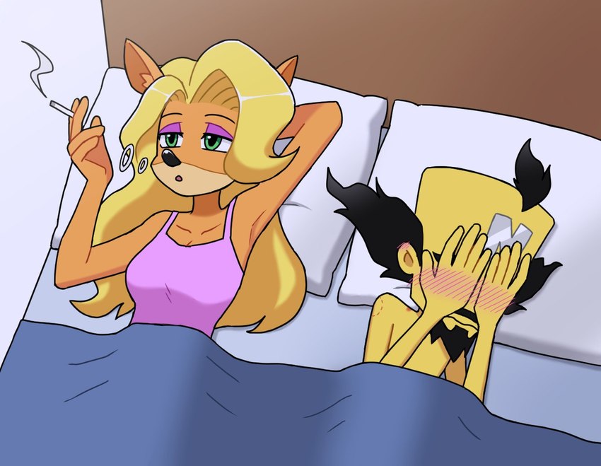 after_sex anthro bed bedding blanket blush covering covering_face duo female furniture male male/female nude_male smoking usagi_kii activision crash_bandicoot_(series) i_love_when_ppl_draw_ships_like_this doctor_neo_cortex tawna_bandicoot human mammal meme