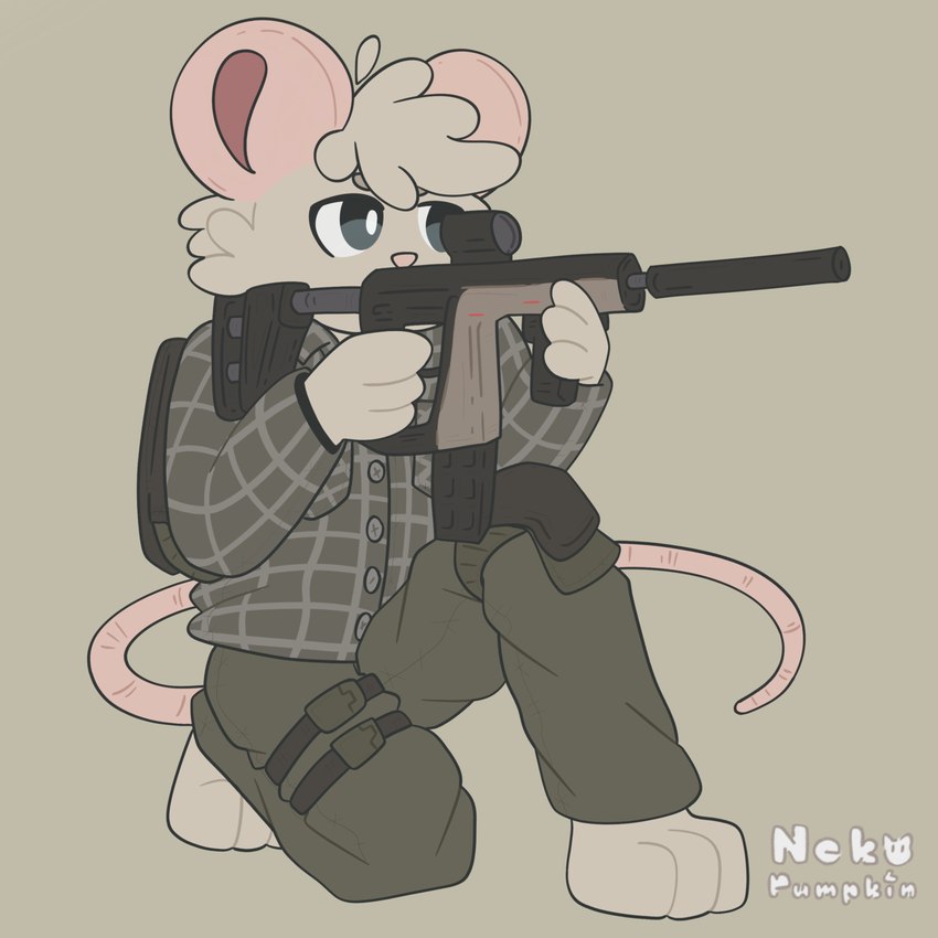 anthro blue_eyes bottomwear cargo_pants clothing flannel_shirt fur grey_body grey_fur gun kriss_vector male pants pink_ears pink_nose ranged_weapon solo submachine_gun vector weapon nekopumpkin escape_from_tarkov billy_(nekopumpkin) mammal mouse murid murine rodent 1:1 absurd_res hi_res