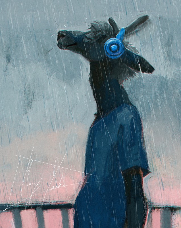 anthro clothing electronics eyes_closed headphones male raining solo whiskers nayshie deer mammal hi_res traditional_media_(artwork)