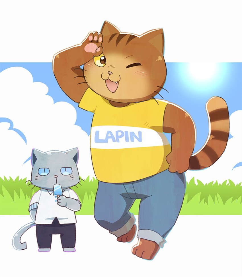 anthro bottomwear clothing cloud detailed_background duo food grey_body kemono male one_eye_closed outside pants popsicle shirt sun text text_on_clothing text_on_shirt text_on_topwear topwear nikiciy working_buddies! kuehiko_roshihara tapio_chatarozawa domestic_cat felid feline felis mammal 2018