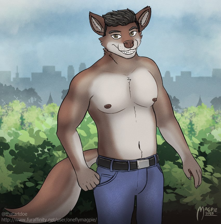 anthro belt black_hair bottomwear city clothed clothing denim denim_bottomwear denim_clothing fur hair jeans leaf looking_at_viewer male multicolored_body multicolored_fur nipples outside pants shirtless sky skyline smile solo standing teeth text topless two_tone_body two_tone_fur oneflymagpie canid canine canis iberian_wolf mammal wolf hi_res portrait three-quarter_portrait url