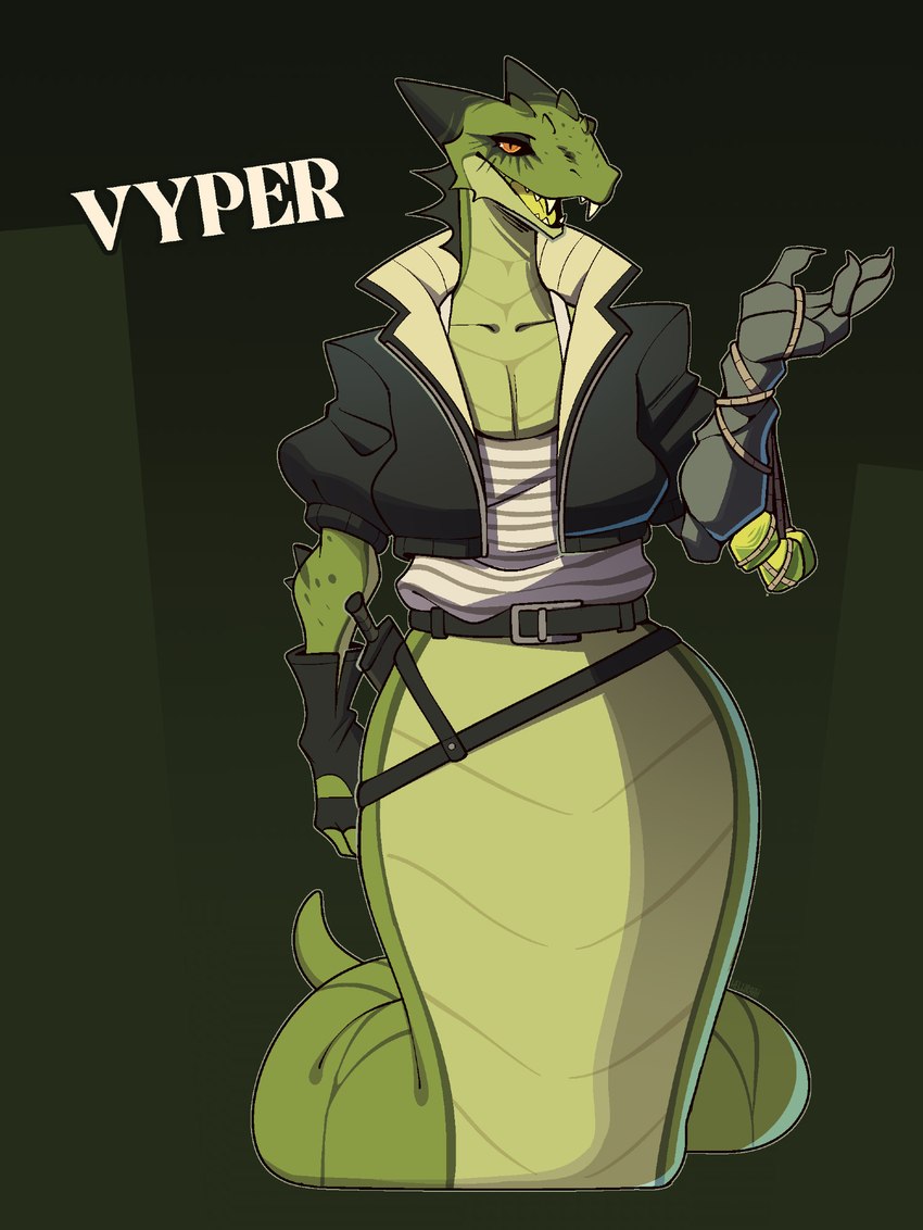 anthro apode armor belt black_sclera breasts cleavage clothed clothed_anthro clothed_female clothing collarbone fangs female female_anthro fingerless_gloves fingers front_view gloves green_body green_scales green_skin handwear legless non-mammal_breasts open_mouth open_smile orange_eyes pupils scales serpentine sharp_teeth simple_background slit_pupils smile solo teeth text topwear conditional_dnp welwraith deadlock valve vyper_(deadlock) draconcopode naga reptile scalie snake 2025 digital_drawing_(artwork) digital_media_(artwork) hi_res