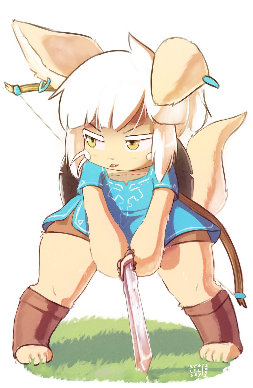 ambiguous_gender anthro bow_(weapon) clothing cosplay footwear fur furgonomic_footwear furgonomics hair looking_aside melee_weapon paws pose ranged_weapon shield_on_back simple_background solo sword tan_body tan_fur weapon white_hair yellow_eyes skalelsky made_in_abyss nintendo the_legend_of_zelda nanachi narehate absurd_res digital_media_(artwork) hi_res