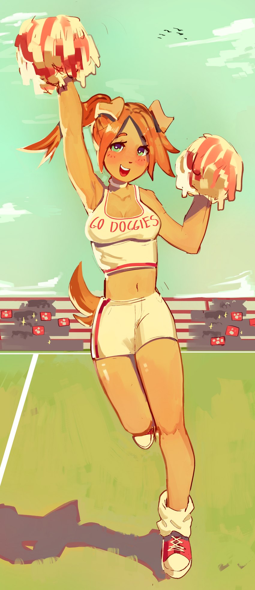 anthro blue_eyes breasts cheerleader clothing crowd female fluffy footwear fur group hair midriff navel orange_hair shoes socks solo_focus tan_body tan_fur pingpenne amber_(ping-ether) ambient_bird avian bird canid canine canis domestic_dog mammal 2023 absurd_res hi_res