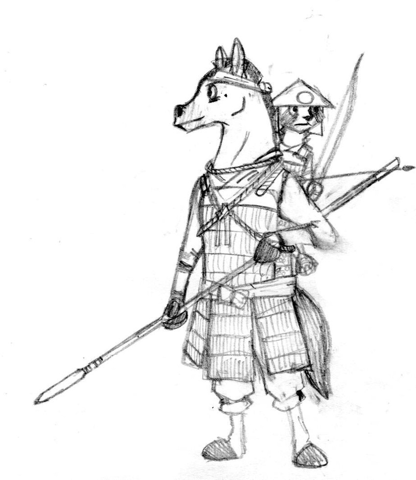 ambiguous_gender anthro armor arrow_(weapon) asian_clothing asian_conical_hat bandanna black_hooves black_mane bow_(weapon) closed_smile clothing duo east_asian_clothing facial_markings facial_stripes fur head_markings headgear headwear holding_melee_weapon holding_object holding_polearm holding_spear holding_weapon hooves japanese japanese_armor japanese_clothing kerchief lamellar_armor larger_male male mane markings medieval_japan melee_weapon mouth_closed polearm ranged_weapon rice_hat samurai samurai_armor short_mane short_maned simple_background size_difference smaller_ambiguous smile spear striped_face stripes tenugui_(clothing) warrior weapon white_background white_body white_fur yari_(weapon) labjer tenugui canid canine equid equine horse mammal raccoon_dog tanuki 2016 black_and_white graphite_(artwork) monochrome traditional_media_(artwork)