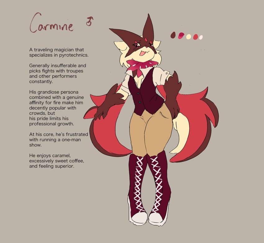 anthro clothing color_swatch gloves_(marking) grey_background long_boots lore male markings open_mouth red_body simple_background solo standing text topwear vest hangarafterdark nintendo pokemon carmine_(hangarafterdark) generation_9_pokemon meowscarada pokemon_(species) 2025 digital_drawing_(artwork) digital_media_(artwork) english_text hi_res model_sheet