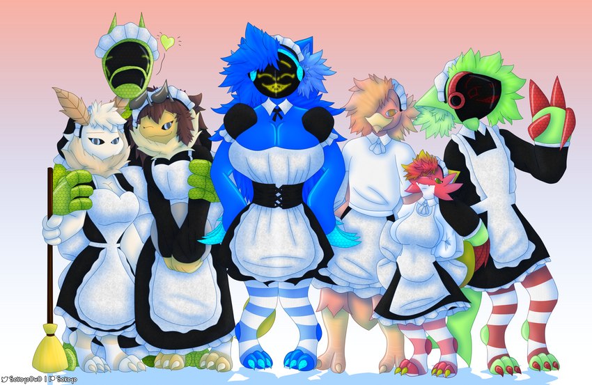 anthro apron armor big_breasts blue_body blue_fur blue_hair breast_squish breasts broom character_collage claws cleaning_tool clothed clothing comparing dress female footwear fur gesture gradient_background green_body green_fur green_hair group group_photo hair hand_gesture hands_on_hips heart_symbol legwear machine maid_apron maid_headdress maid_uniform male pink_body pink_fur pink_hair plate red_eyes shadow simple_background size_difference smile socks squish tail tan_body tan_fur thick_thighs thigh_highs thigh_socks uniform v_sign white_body white_fur white_hair yellow_body yellow_eyes yellow_fur sokoyo_owo buzzlet_(sokoyo_owo) dragonfruit_(sokoyo_owo) lime_(sokoyo_owo) peach_(sokoyo_owo) silkie_(sokoyo_owo) starry_(sokoyo_owo) watermelon_(sokoyo_owo) animal_humanoid arthropod arthropod_humanoid avian avian_humanoid bee bee_humanoid humanoid hymenopteran hymenopteran_humanoid insect insect_humanoid kobold lepidopteran lepidopteran_humanoid moth moth_humanoid protogen scalie synth_(vader-san) absurd_res hi_res shaded