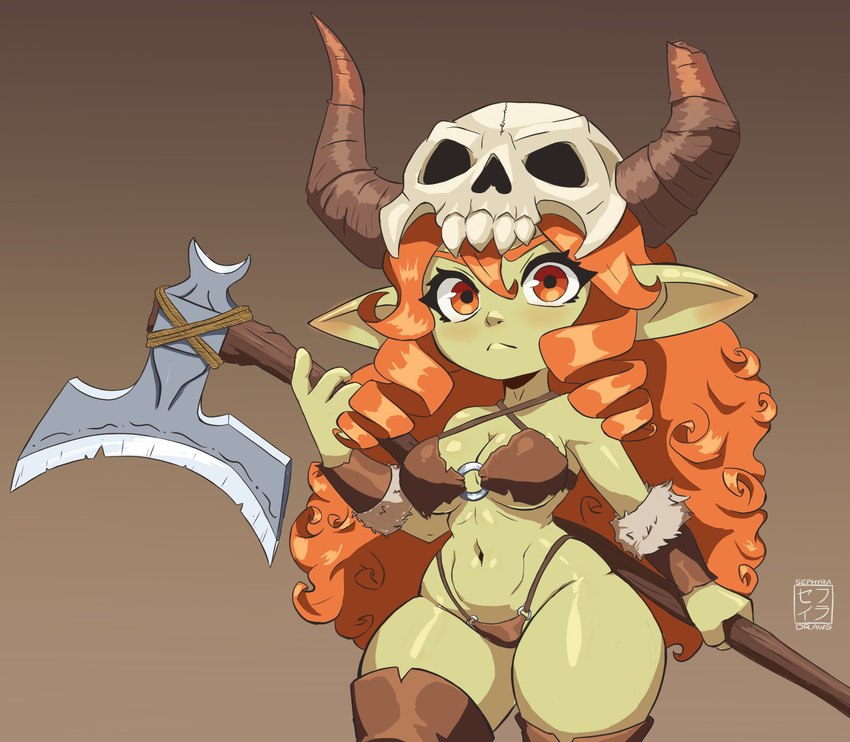 axe barbarian bikini blush breasts brown_eyes clothed clothing curled_hair female gradient_background green_body green_skin hair horn humanoid_pointy_ears leather leather_clothing looking_at_viewer navel orange_hair pointy_ears short_stack simple_background skimpy skull_accessory solo swimwear thick_thighs two-piece_swimsuit sephyra goblin humanoid hi_res