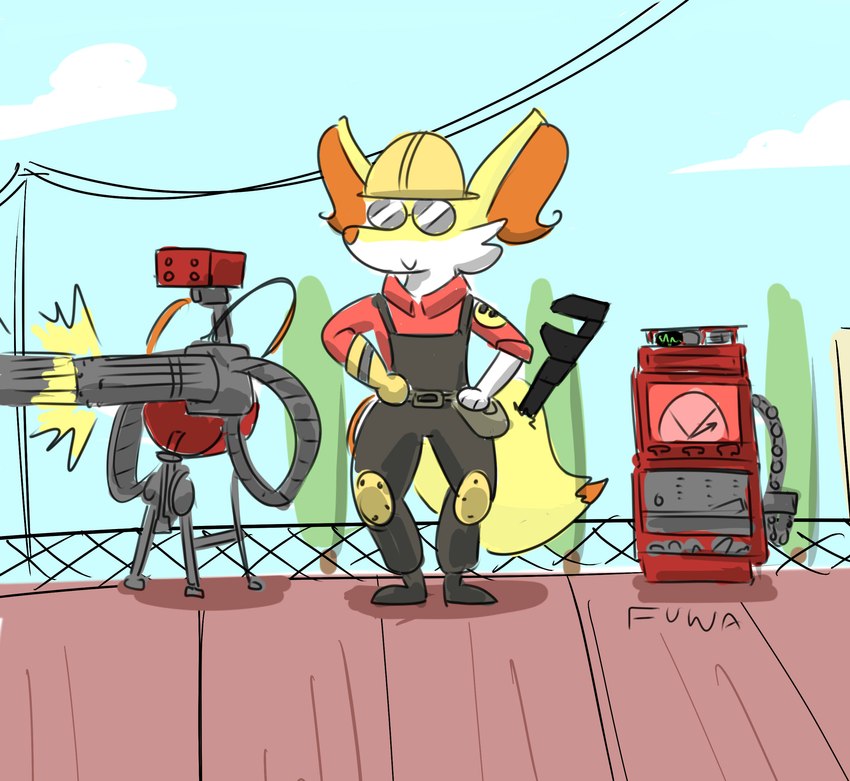 ambiguous_gender anthro eyewear fur goggles object_in_tail orange_body orange_fur plantigrade solo tail_storage tools wrench yellow_body yellow_fur mr_fuwa nintendo pokemon team_fortress_2 valve dispenser_(team_fortress_2) engineer_(team_fortress_2) sentry_gun_(team_fortress_2) braixen generation_6_pokemon pokemon_(species) absurd_res colored hi_res meme