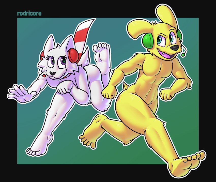 anthro duo electronics feet female fur headphones looking_at_viewer male male/female scarf soles white_body white_fur yellow_body yellow_fur rodricoro tyler_and_snowi snowi_fox superdog_tyler canid canine canis domestic_dog mammal hi_res