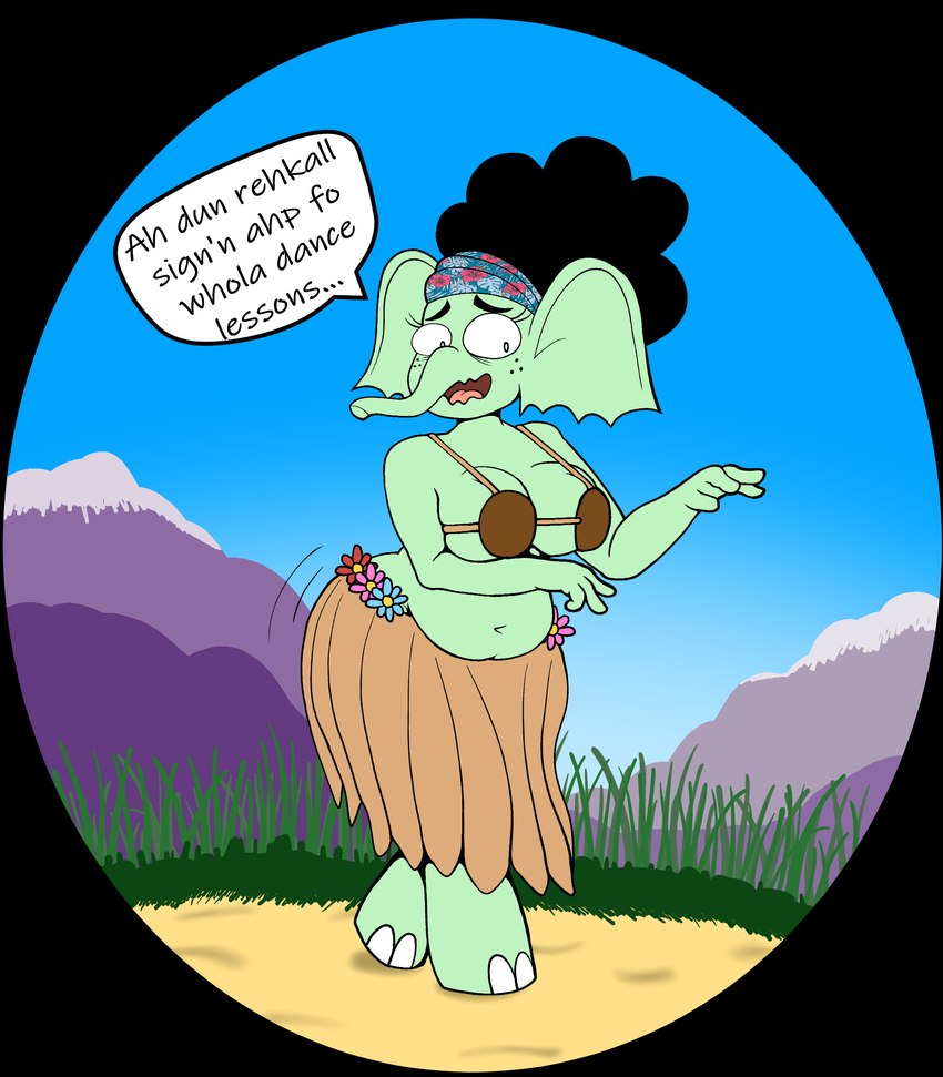 accent anthro belly coconut_bra embarrassed female green_body hula hula_dancer outside solo wide_hips marcodile kiyana_(marcodile) elephant elephantid mammal proboscidean alpha_channel hi_res