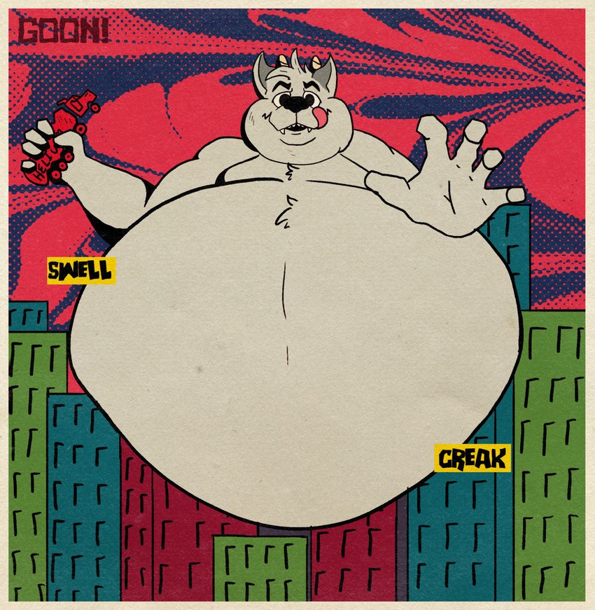 5_fingers anthro apartment_building belly_overhang belly_tuft bloated building chest_tuft chubby_cheeks city cityscape dewlap_(anatomy) fingers fur grey_body grey_fur head_tuft holding_object holding_vehicle horn inflation inflation_fetish licking licking_lips looking_at_viewer macro male moobs morbidly_obese morbidly_obese_anthro morbidly_obese_male obese obese_anthro obese_male onomatopoeia overweight overweight_anthro overweight_male red_sky sky solo sound_effects text tongue truck_(vehicle) tuft vehicle window hausedge canid canine canis mammal wolf artist_name hi_res