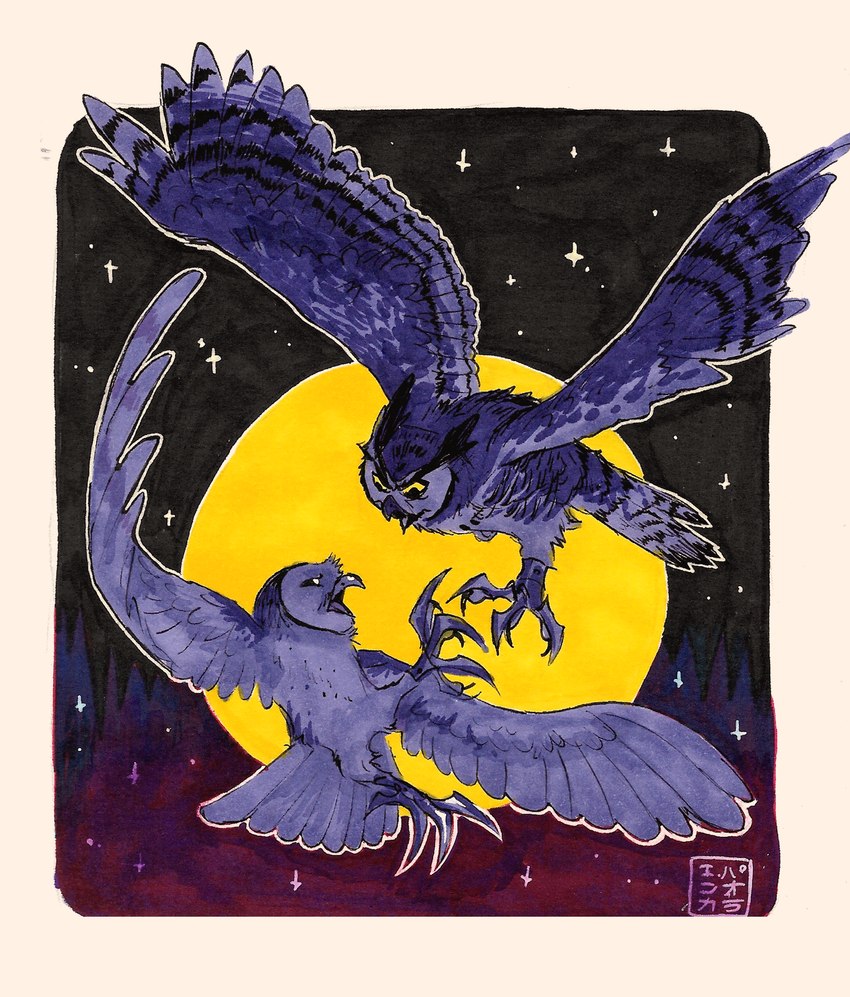 ambiguous_gender battle_claws duo feathers feral flying moon white_body white_feathers yellow_eyes kabuki-aku guardians_of_ga'hoole avian barn_owl bird great_horned_owl horned_owl owl true_owl tyto tytonid character_request hi_res traditional_media_(artwork)