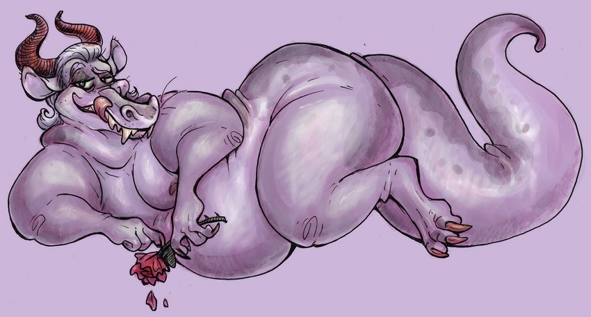 2_horns 3_toes 4_fingers anthro bedroom_eyes belly big_belly big_butt big_tail biped butt claws eyebrows fangs feet fingers flower grey_hair hair head_horn holding_flower holding_object horn inviting licking licking_lips looking_at_viewer love_handles lying male mature_male moobs mottled mottled_body mottled_skin multicolored_body narrowed_eyes nipples nude on_side overweight overweight_male pink_background plant pose raised_eyebrow reclining rose_(flower) seductive simple_background smile snout solo tail teeth thick_tail thick_thighs toes tongue tongue_out two_tone_body whiskers sharpt00th mythology lucius_hargrave dragon mythological_creature mythological_scalie scalie digital_media_(artwork) pinup