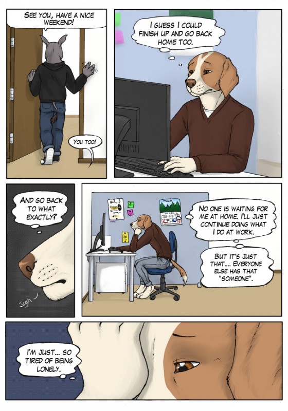 anthro brown_eyes clothing computer depression dialogue electronics footwear frown hoodie keyboard lonely male office sad shoes sneakers text topwear gaikotsu ryan_(gaikotsu) tauski canid canine canis domestic_dog mammal rhinoceros white_rhinoceros comic english_text hi_res