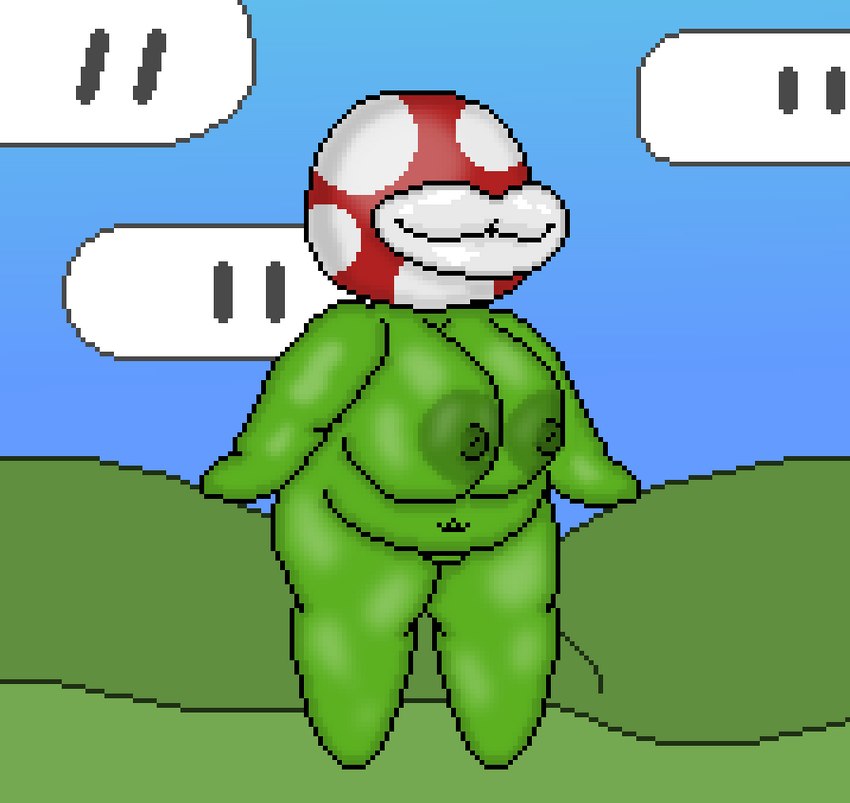 anthro belly big_belly big_breasts big_butt big_nipples breasts butt eyeless female grass green_body green_nipples green_skin landscape lips navel nipples outside plant short_stack simple_background simple_face sky slightly_chubby slightly_chubby_female smile solo standing thick_lips white_lips toridiaz mario_bros nintendo elemental_creature flora_fauna humanoid piranha_plant digital_media_(artwork) pixel_(artwork)