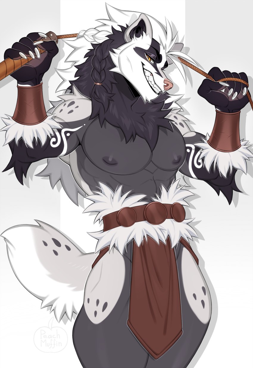 abs anthro belt bottomwear braided_hair claws clothing fangs fluffy fluffy_tail fur fur_(fabric) fur_markings grey_body grey_fur grin hair half-closed_eyes highlights_(coloring) holding_object holding_weapon loincloth long_hair looking_at_viewer male markings mature_anthro mature_male moobs multicolored_body multicolored_fur muscular muscular_anthro muscular_male narrowed_eyes neck_tuft nipples raised_hand simple_background smile solo spiky_hair tail teasing teeth tuft two_tone_body two_tone_fur weapon whip yellow_eyes peachmuffin rangvald_(maskandsuit) badger mammal mustelid musteline werebadger werecreature weremustelid 2024 colored digital_drawing_(artwork) digital_media_(artwork) hi_res shaded