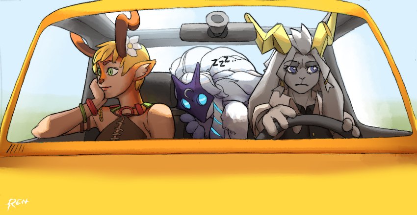 2_horns accessory anthro antlers blonde_hair blue_eyes blue_markings brown_antlers button_(fastener) capelet car clothed clothed_anthro clothed_female clothing driving ear_markings eyebrows eyes_closed female female_anthro floppy_ears flower flower_in_hair frown fur fur_markings green_eyes grey_body grey_fur grey_hair group hair hair_accessory hair_ring horn inside_car inside_vehicle lop_ears markings mask orange_body orange_fur plant sleeping sound_effects tan_body tan_fur thick_eyebrows topwear trio vehicle vest vowelless vowelless_sound_effect wearing_mask white_body white_capelet white_fur white_hair wingding_eyes yellow_antlers yellow_car zzz ruttinren battlerite league_of_legends pseudoregalia riot_games tencent blossom_(battlerite) kindred_(lol) lamb_(lol) sybil_(pseudoregalia) bovid caprine deer faun goat jackalope lagomorph leporid mammal rabbit 2023 colored digital_drawing_(artwork) digital_media_(artwork) shaded