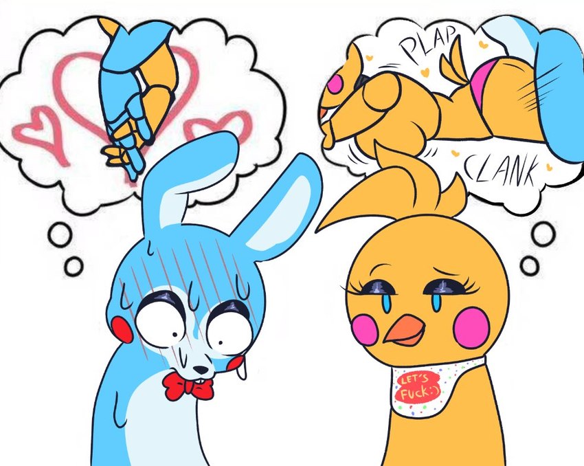 anthro blush bow_(feature) dirty_thoughts duo female from_behind_position hand_holding machine male male/female sex simple_background white_background omegamax five_nights_at_freddy's five_nights_at_freddy's_2 scottgames toy_bonnie_(fnaf) toy_chica_(fnaf) animatronic avian bird chicken galliform gallus_(genus) lagomorph leporid mammal phasianid rabbit robot 2024 digital_media_(artwork)