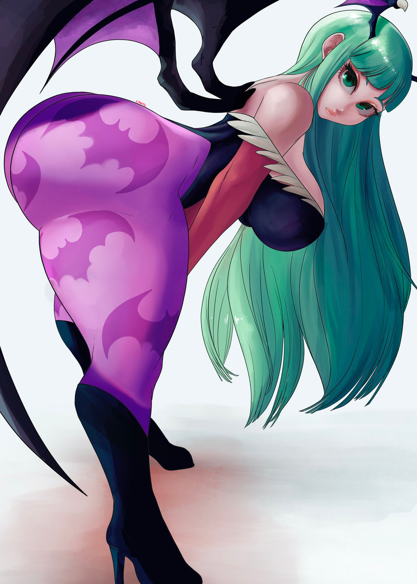 bent_over big_breasts big_butt boots breasts butt clothing female footwear green_hair hair high_heeled_boots high_heels long_hair looking_at_viewer membrane_(anatomy) membranous_wings not_furry shoes solo tight_clothing wings lyn_nyl capcom darkstalkers morrigan_aensland demon demon_humanoid humanoid winged_humanoid hi_res