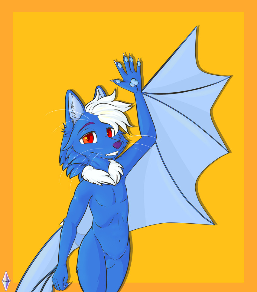 anthro bat_wings blue_body featureless_chest featureless_crotch fur greeting happy male membrane_(anatomy) membranous_wings nude paws pose purple_nose red_eyes solo standing waving_hand wings kadeki astaribat_alex canid canine fox hybrid mammal absurd_res digital_drawing_(artwork) digital_media_(artwork) half-length_portrait hi_res portrait