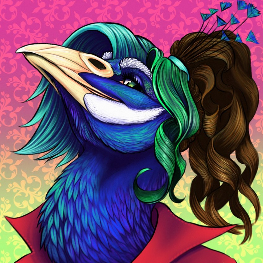 anthro beak blue_body blue_feathers clothed clothing feathers green_eyes hair long_hair male solo lintuuli arta_aere avian bird galliform peafowl phasianid 1:1 hi_res