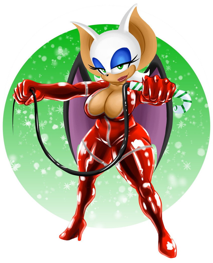 bat_wings big_breasts black_nose blue_eyeshadow bodysuit boots breasts candy candy_cane clothing dessert eyelashes eyeshadow female food footwear front_view fur gloves green_background green_eyes handwear high_heeled_boots high_heels holding_object holding_whip holidays looking_at_viewer makeup membrane_(anatomy) membranous_wings purple_wings red_bodysuit red_clothing red_skinsuit shoes simple_background skinsuit solo tan_body tan_fur thick_thighs tight_clothing whip white_background white_body white_fur wide_hips wings zipper jbreak1 christmas sega sonic_the_hedgehog_(series) rouge_the_bat bat mammal hi_res