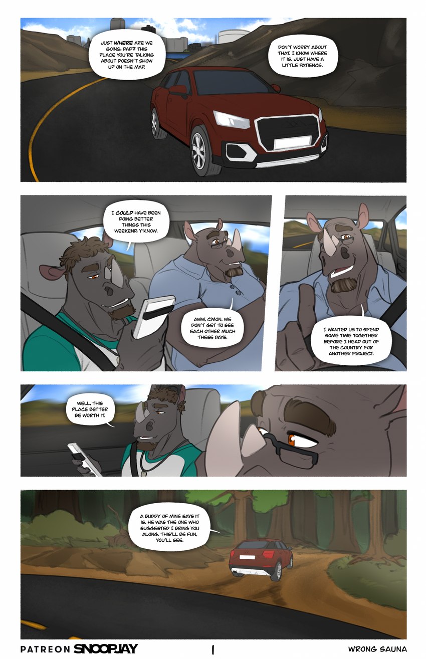 age_difference anthro clothing dialogue driving duo facial_hair goatee hair horn male mature_male older_male shirt text topwear vehicle younger_male snoopjay2 easton_(snoopjay2) eugene_(snoopjay2) mammal rhinoceros comic english_text hi_res father_(lore) father_and_child_(lore) father_and_son_(lore) parent_(lore) parent_and_child_(lore) parent_and_son_(lore) son_(lore)