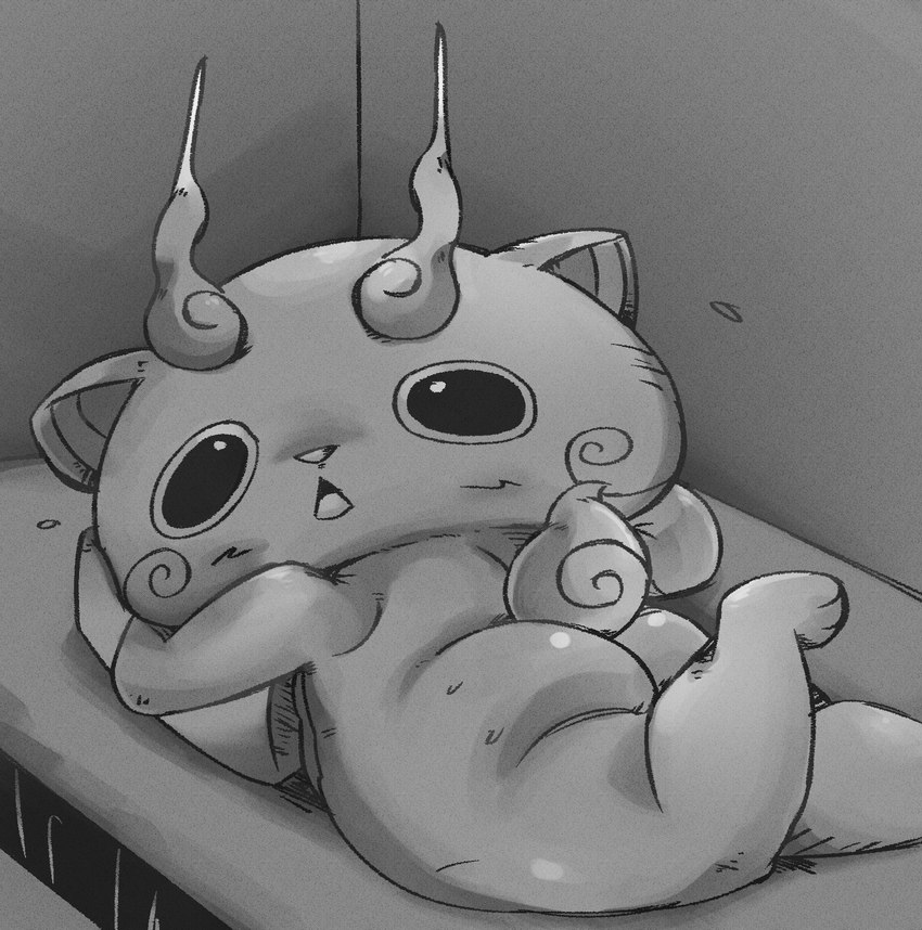 anthro blush butt chibi lying male on_front presenting presenting_hindquarters slightly_chubby solo jokthael asian_mythology east_asian_mythology japanese_mythology level-5 mythology yo-kai_watch komasan foo_dog komainu mammal yokai hi_res monochrome